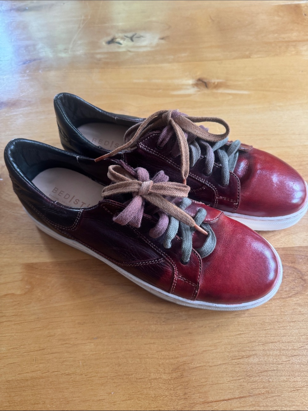 Bed Stu Women's Red Leather Sneakers with Multicolor Laces